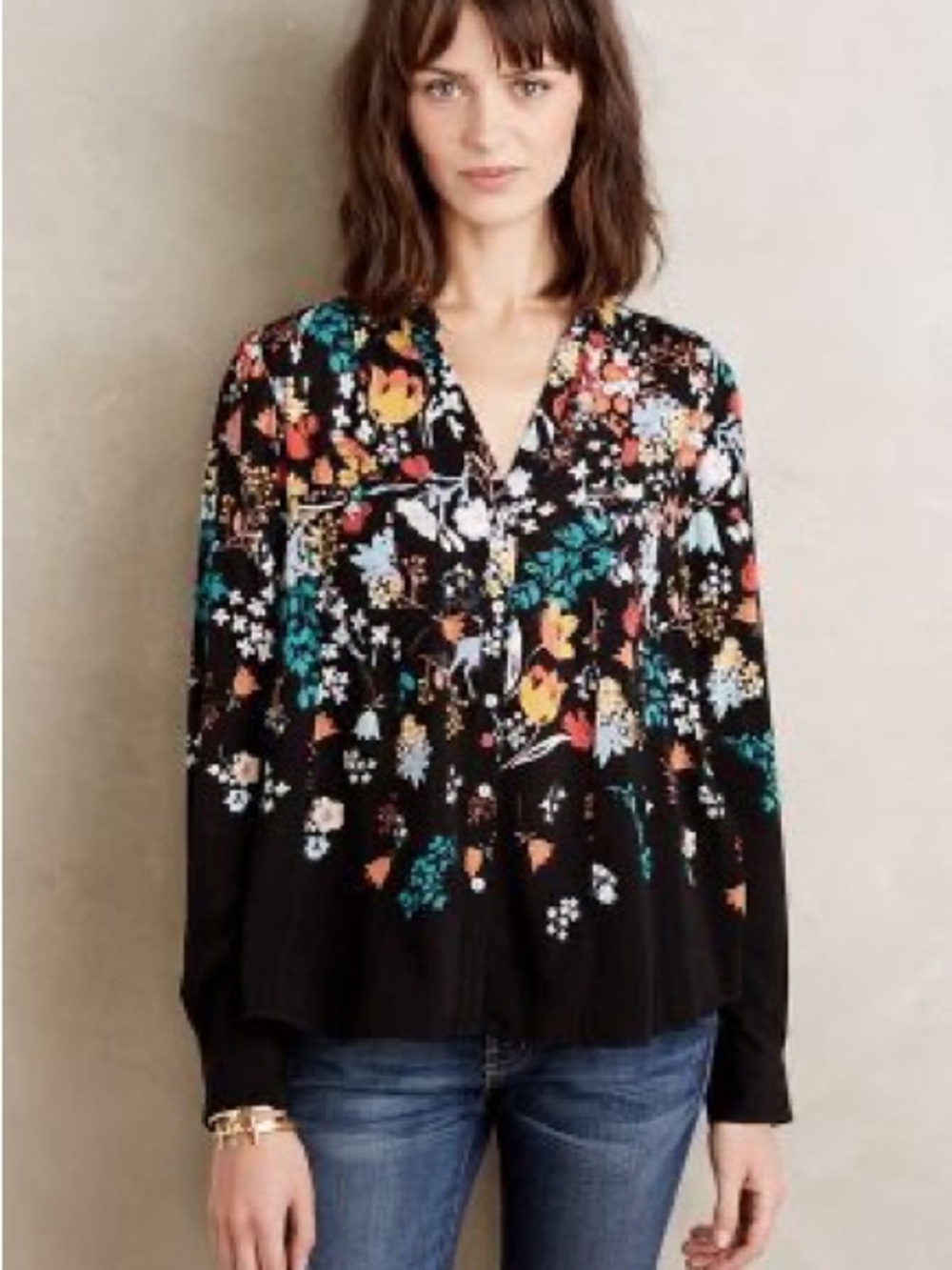Anthropologie Black Floral Button-Down Shirt with Multicolor Blooms